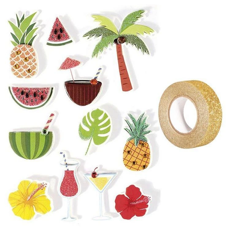Sortie 🛒 Youdoit 12 Stickers 3D Tropical 5,5 Cm + Masking Tape Doré à Paillettes 5 M ✨ 1 Sortie 🛒 Youdoit 12 Stickers 3D Tropical 5,5 Cm + Masking Tape Doré à Paillettes 5 M ✨
