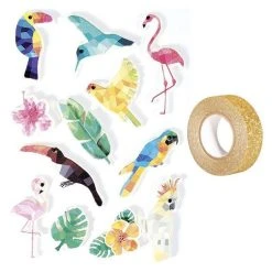 Le moins cher 🔥 Youdoit 12 Stickers 3D Oiseaux Tropicaux 6 Cm + Masking Tape Doré à Paillettes 5 M ❤️