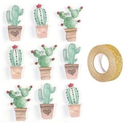 Promo 😉 Youdoit 9 Stickers 3D Cactus Mexicains 4,5 Cm + Masking Tape Doré à Paillettes 5 M 😀