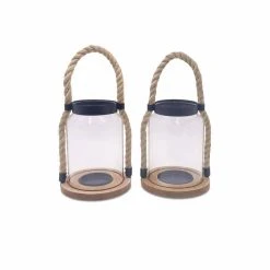 Budget ❤️ Alice's Garden Lot De 2 Lanternes En Verre. Anse En Corde. Socle En Bois. Décoration Lumineuse. Ambiance Mer. Bords Arrondis ❤️