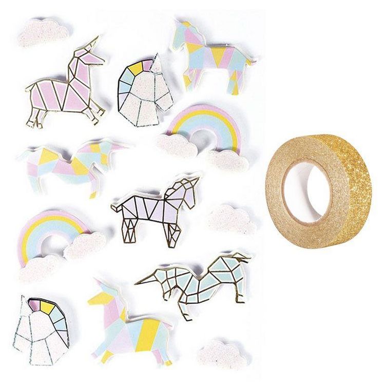 Remise ???? Youdoit 13 Stickers 3D Licornes 5 Cm + Masking Tape Doré à Paillettes 5 M ⭐ 1 Remise ???? Youdoit 13 Stickers 3D Licornes 5 Cm + Masking Tape Doré à Paillettes 5 M ⭐
