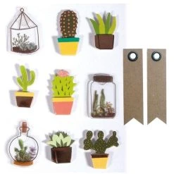 De gros 🔥 Youdoit 9 Stickers 3D Cactus & Botanique 4 Cm + 20 étiquettes Kraft Fanion 🎁