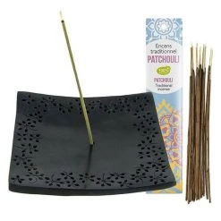 Vente flash 🎁 Les Encens Du Monde Porte-encens Kare En Pierre Noire + Encens Indien Au Patchouli 😍