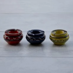 Nouveau 👏 YODECO Lot De 3 Cendriers Tatoué Rouge, Bleu Et Vert Anis - Mini Modèle 🧨