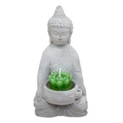 Promo ⭐ Statue Photophore Avec Bougie Bouddha 15cm Gris 🧨