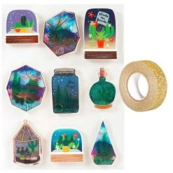 Vente flash 💯 Youdoit 9 Stickers 3D Succulentes En Bocal + Masking Tape Doré à Paillettes 5 M 🔔