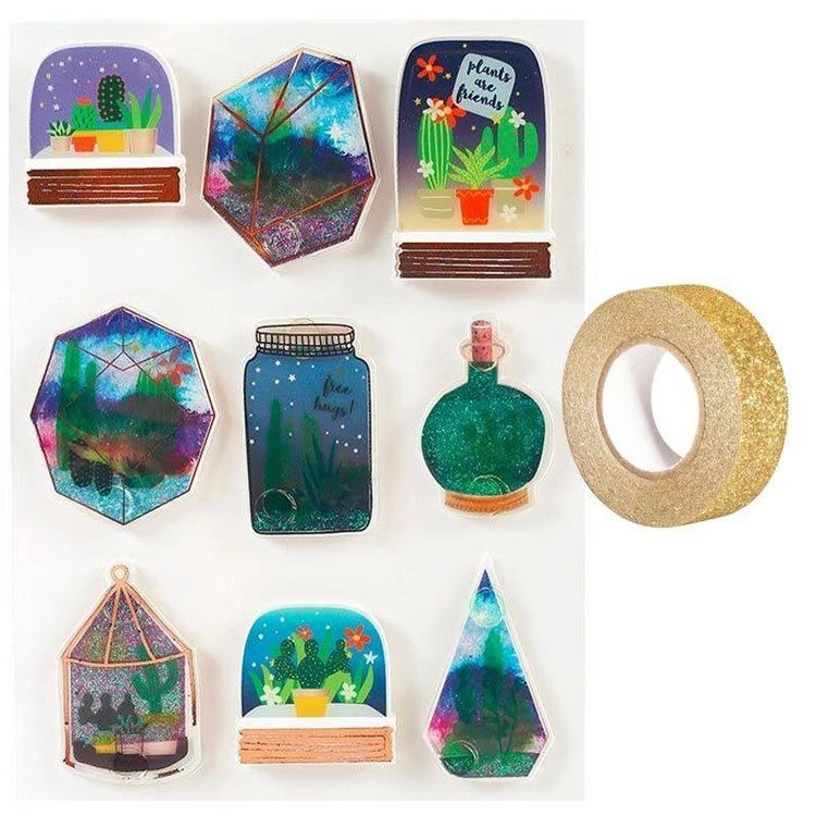 Vente flash 💯 Youdoit 9 Stickers 3D Succulentes En Bocal + Masking Tape Doré à Paillettes 5 M 🔔 1 Vente flash 💯 Youdoit 9 Stickers 3D Succulentes En Bocal + Masking Tape Doré à Paillettes 5 M 🔔