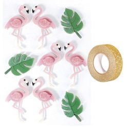 Remise ???? Youdoit 9 Stickers 3D Flamants Rose 5,5 Cm + Masking Tape Doré à Paillettes 5 M ????