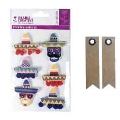 Meilleure vente 🎁 Graine Créative 6 Stickers 3D Sombreros 5,5 Cm + 20 étiquettes Kraft Fanion 🧨