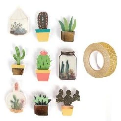 Coupon ❤️ Youdoit 9 Stickers 3D Cactus Et Botanique 4 Cm + Masking Tape Doré à Paillettes 5 M 😀
